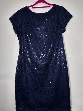 Vince Camuto Navy Floral Lace Sequin Shift Cocktail Dress Size 8